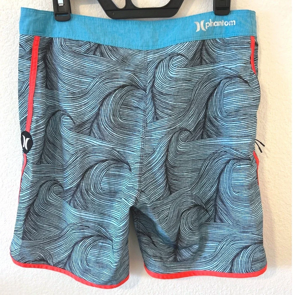 Hurley Phantom Mens Board Shorts Size 30 Blue Black Wave Print‎ Orange Trim